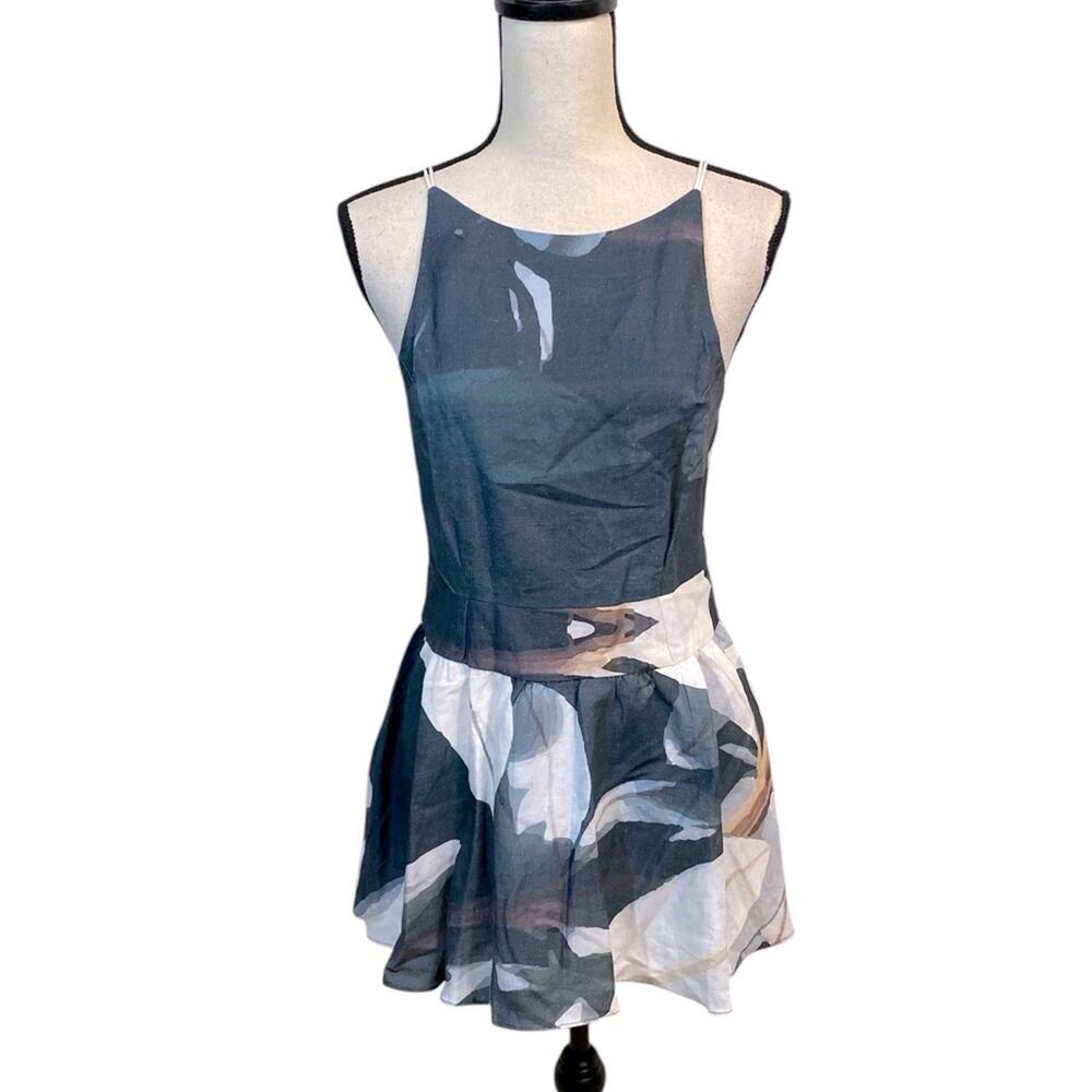 Anthropologie Ellender Muted Blue Gray Botanical Cotton/Linen Peplum Top Size 4